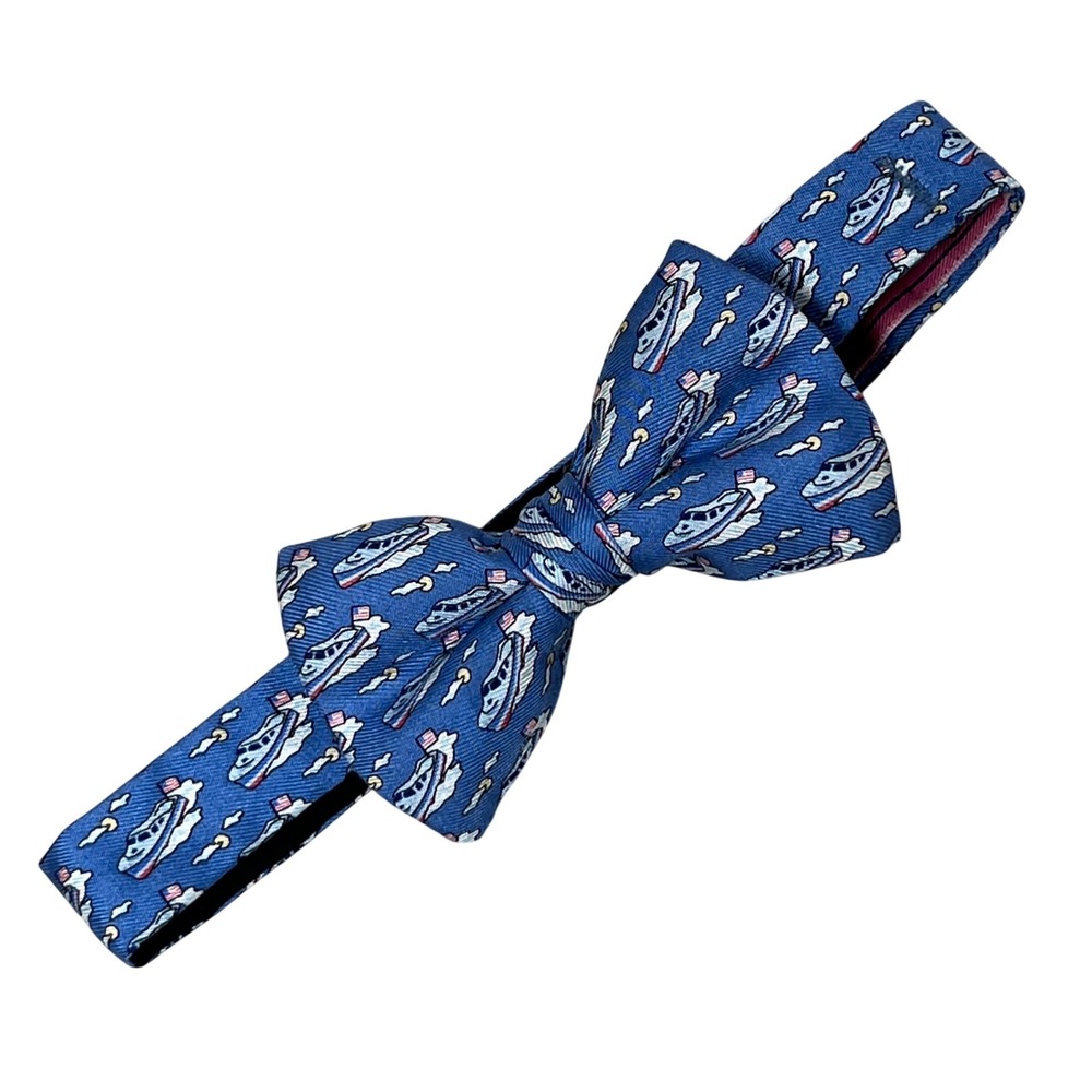 Vineyard Vines Bow Tie Mens OS Blue Silk Yacht Nautical Boat Print Self-Tie